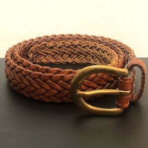 Vintage Braided Brown Leather Belt with Solid Brass Buckle - Size 28
